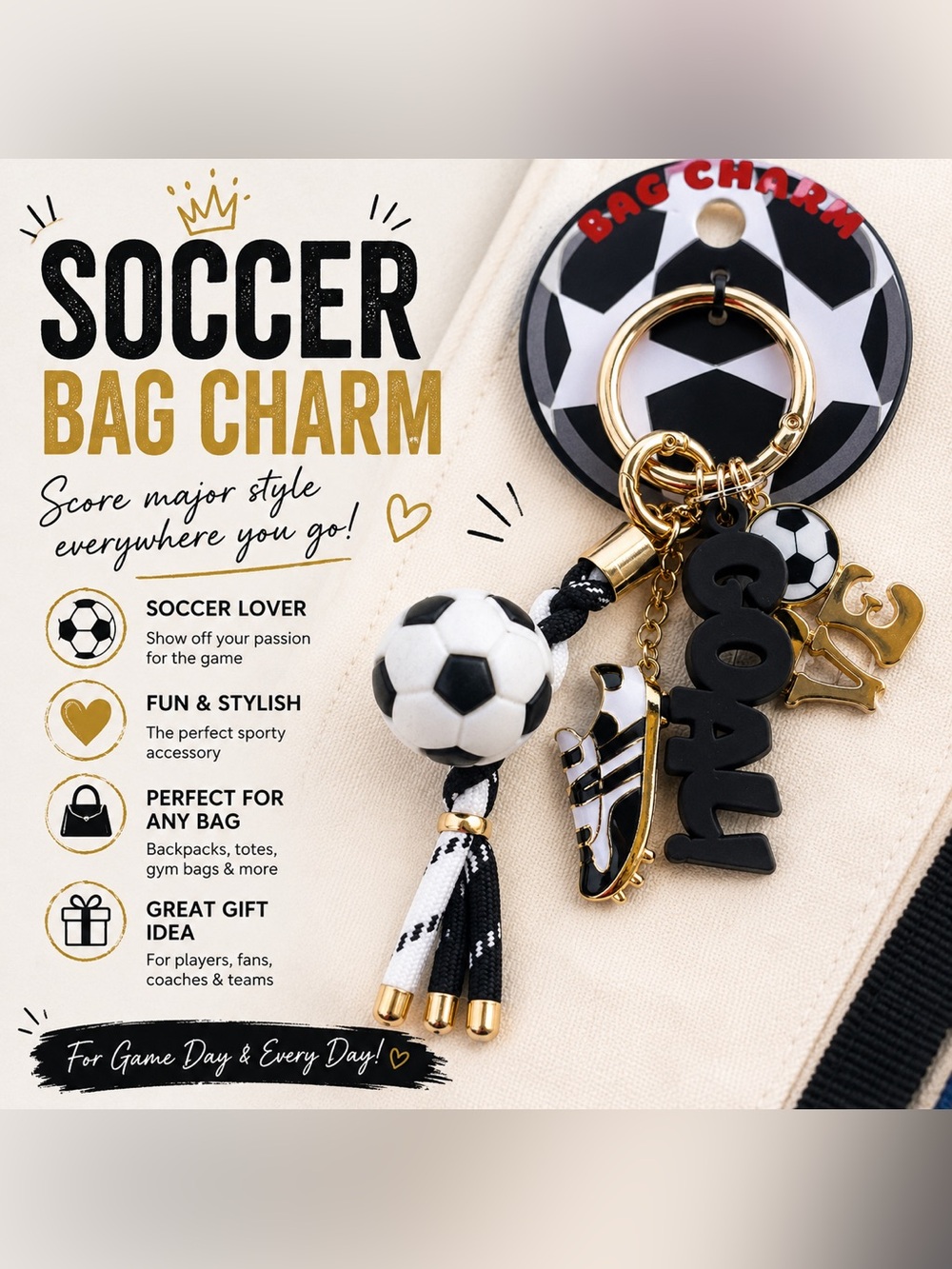 Soccer Bag Charm Keychain | Black Gold Football Purse Charm Backpack Charm
